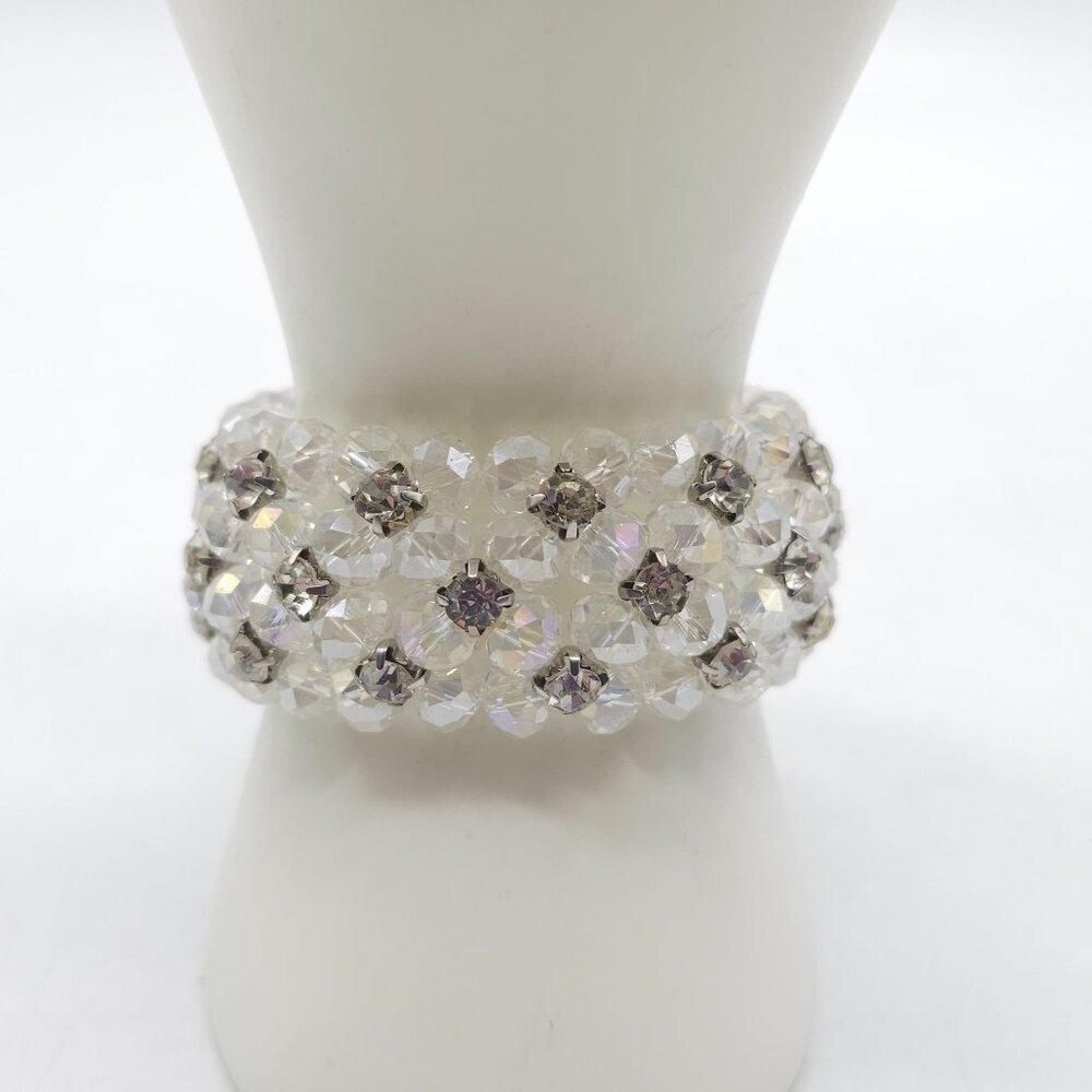 Crystal Beaded Stretch Bracelet Rhinestone Accents Iridescent Finish 1" Wide